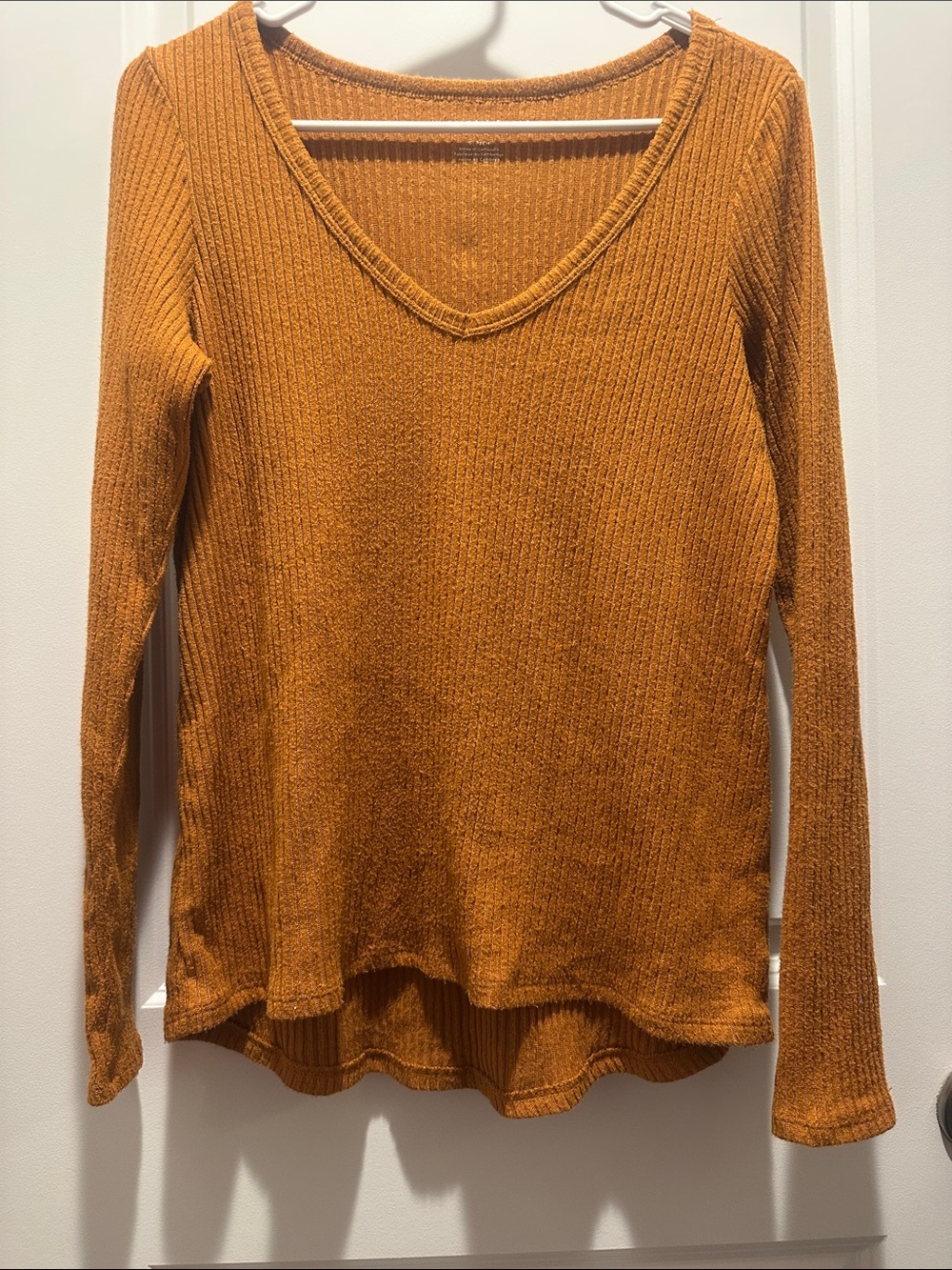 American Eagle Outfitters Women's V-Neck Ribbed Long Sleeve Top - Mustard